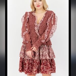 En Saison Red Floral patchwork midi dress Sz M